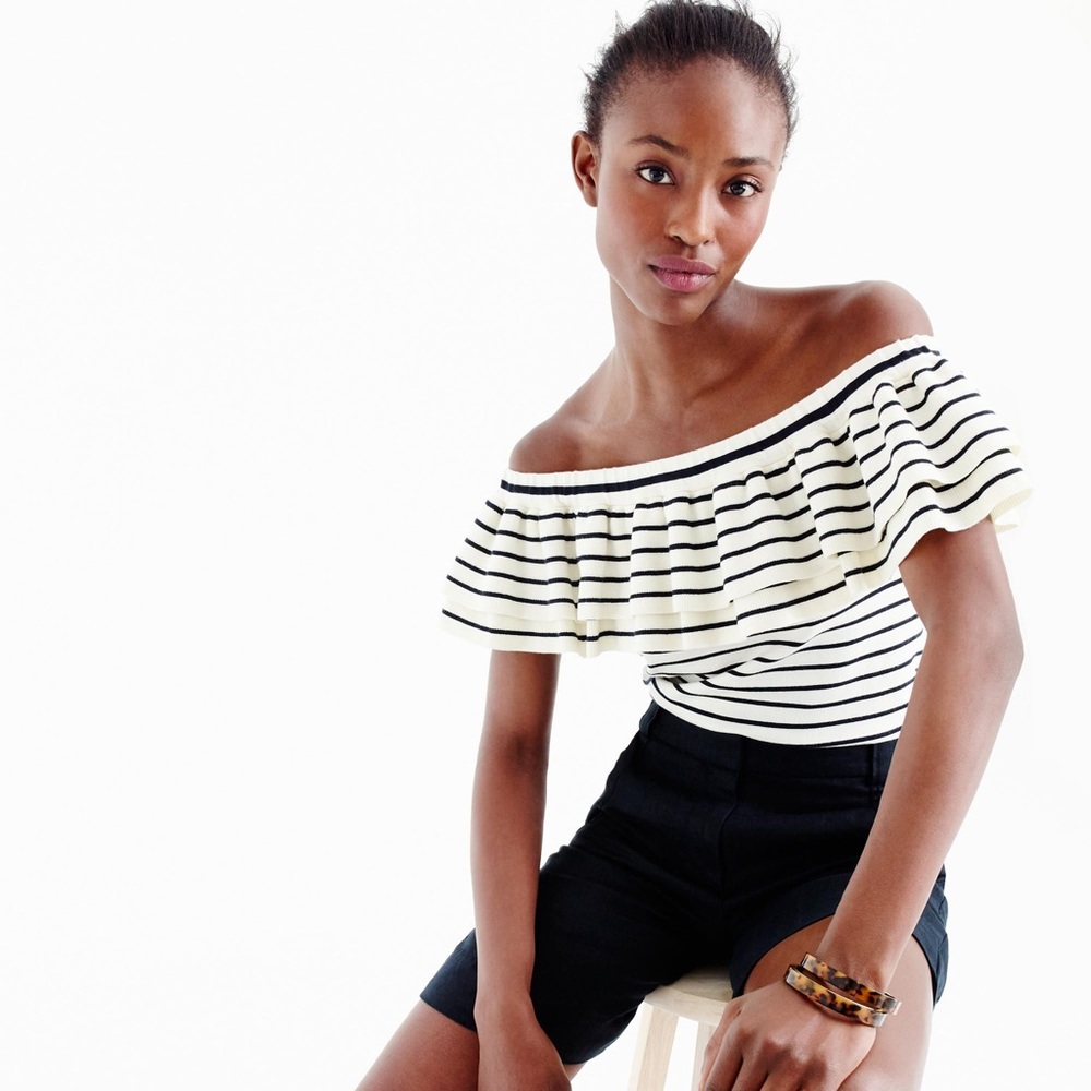 NWT J. Crew Striped Off Shoulder Ruffle Sweater